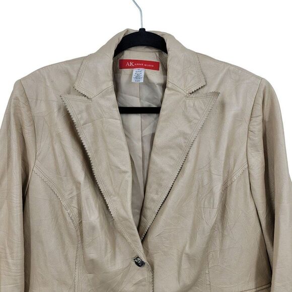 Vintage 90s Anne Klein Retro 70s Leather Jacket 1X Champaign Frayed Edges Button - Picture 4 of 14